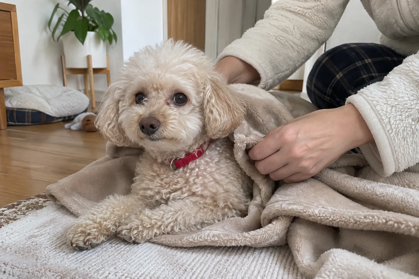 室内で乾いた毛布に包まれたトイプードルをそばで見守る飼い主の手元