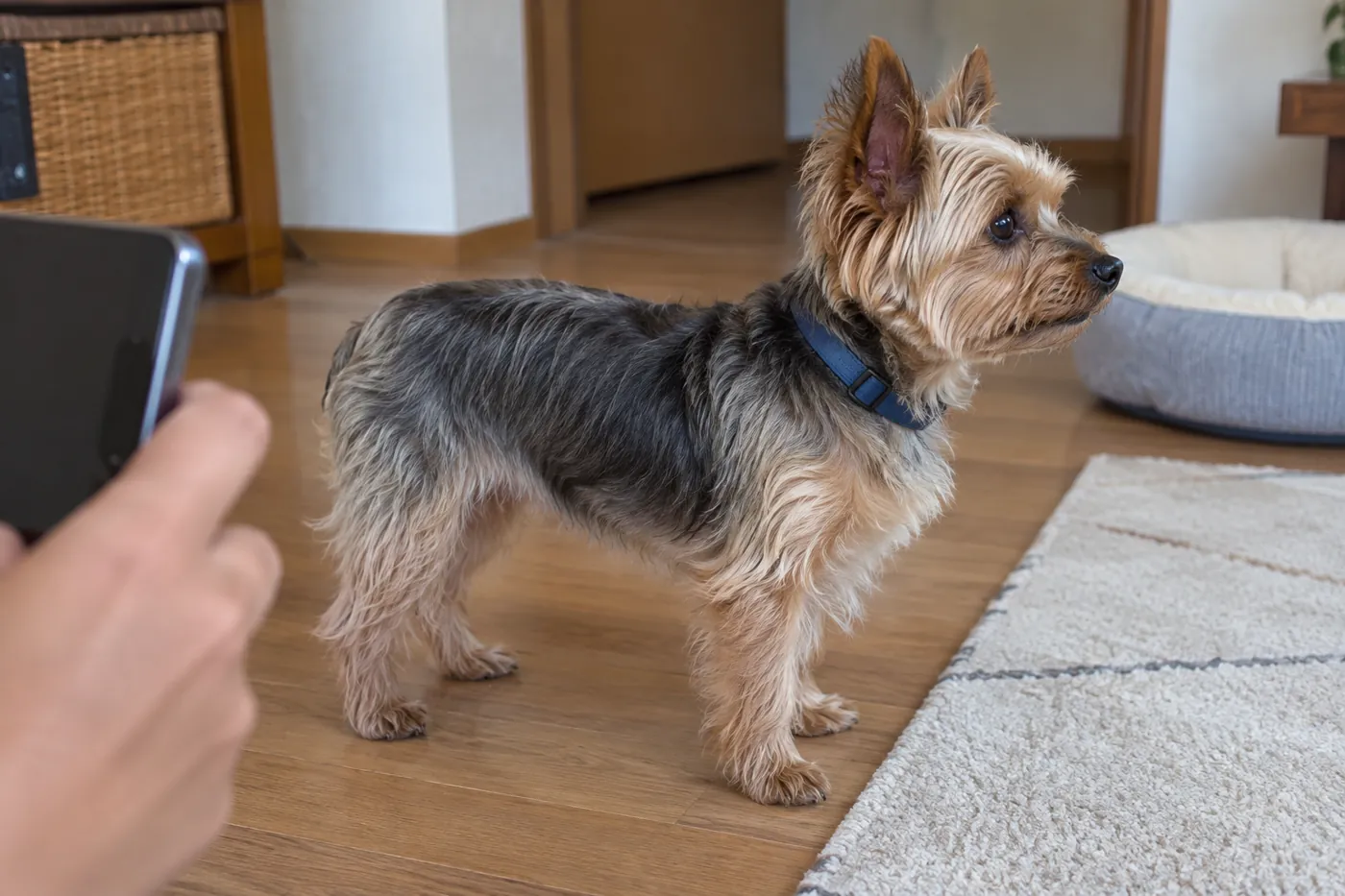 飼い主が少し離れた位置から犬の姿勢をスマートフォンで記録する様子