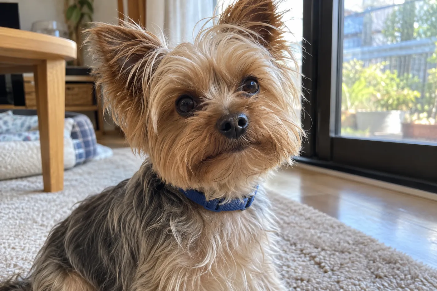 犬の鼻先を触らずに正面から観察できる明るい室内の様子