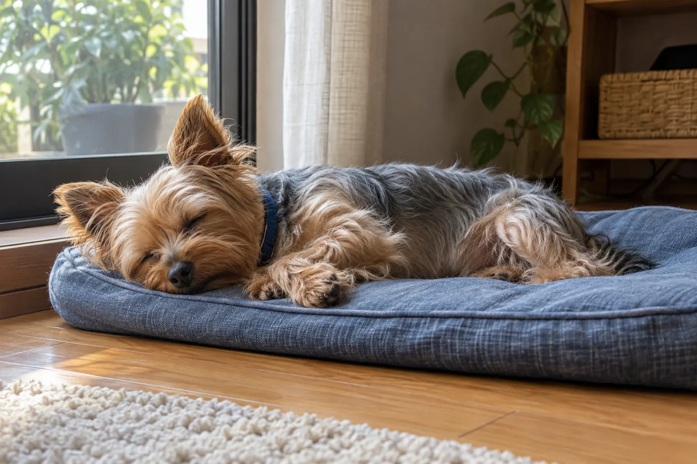 昼間の寝床で横向きに眠る犬の顔と胸元が見える様子