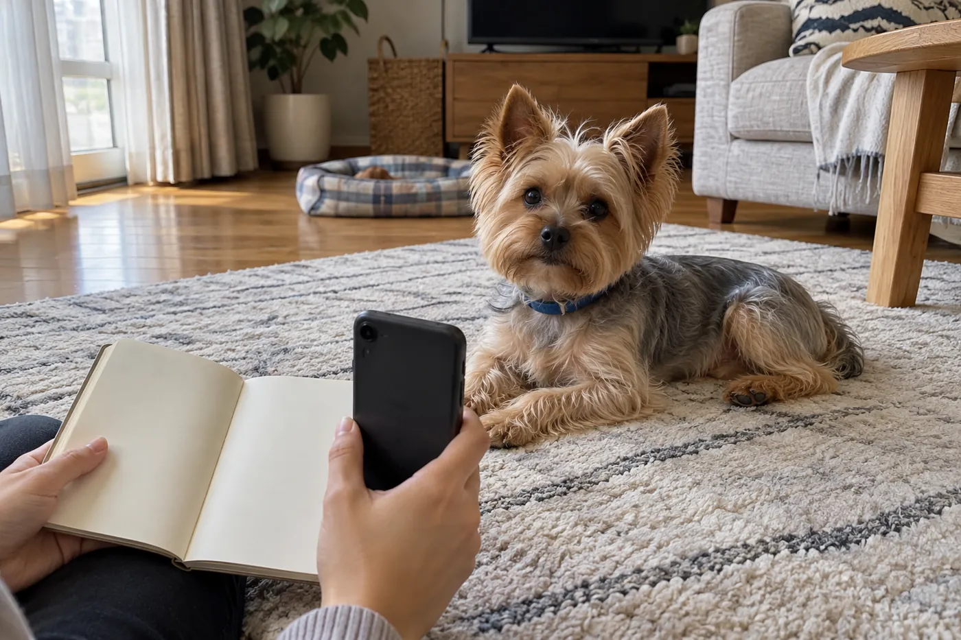 休む犬のそばで飼い主がスマートフォンとノートを用意している様子