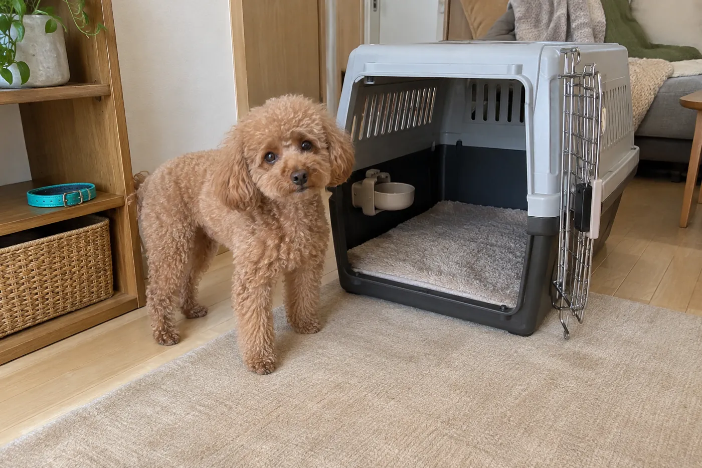 開いたクレートと水入れを用意した室内で過ごす犬