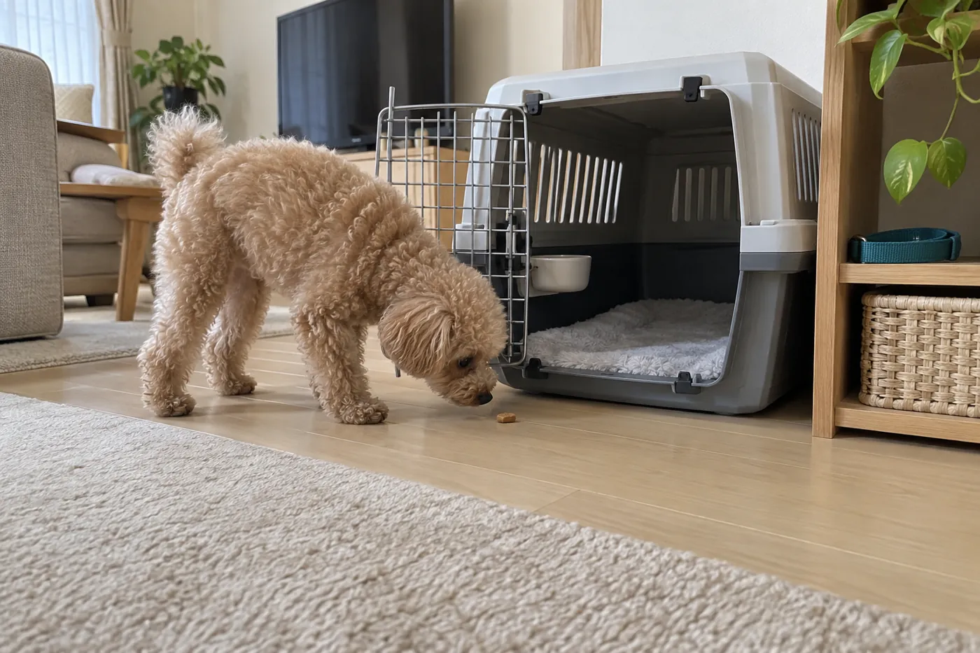 扉を開けて固定したクレートの入口を自分から確かめる犬