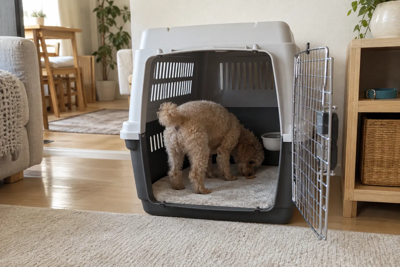 開いたクレートへ自分から入り、内側のごほうびを探す犬