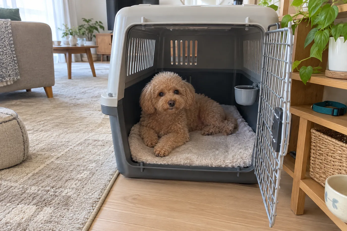 扉が開いたクレートの中で落ち着いて伏せる犬