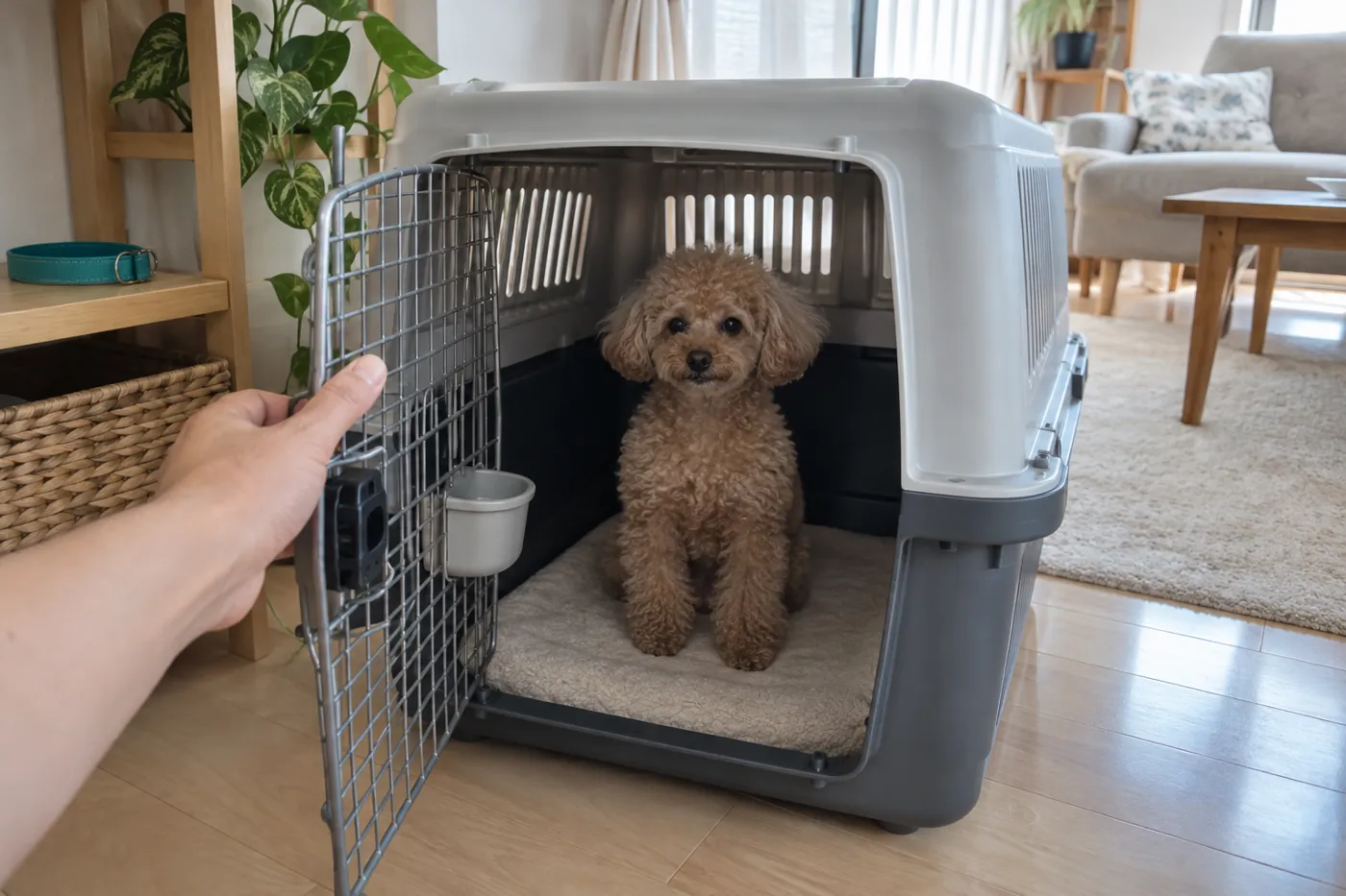 中で落ち着く犬を見ながら飼い主の手が扉を少し動かす様子