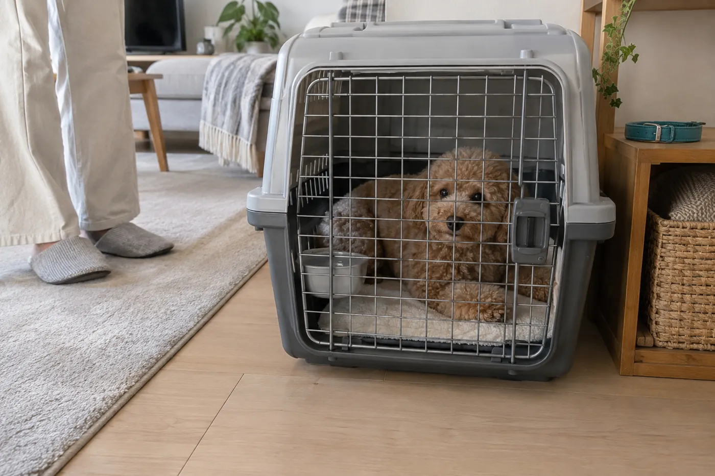 閉じたクレートの中で休む犬と、同じ部屋で見守る飼い主の足元