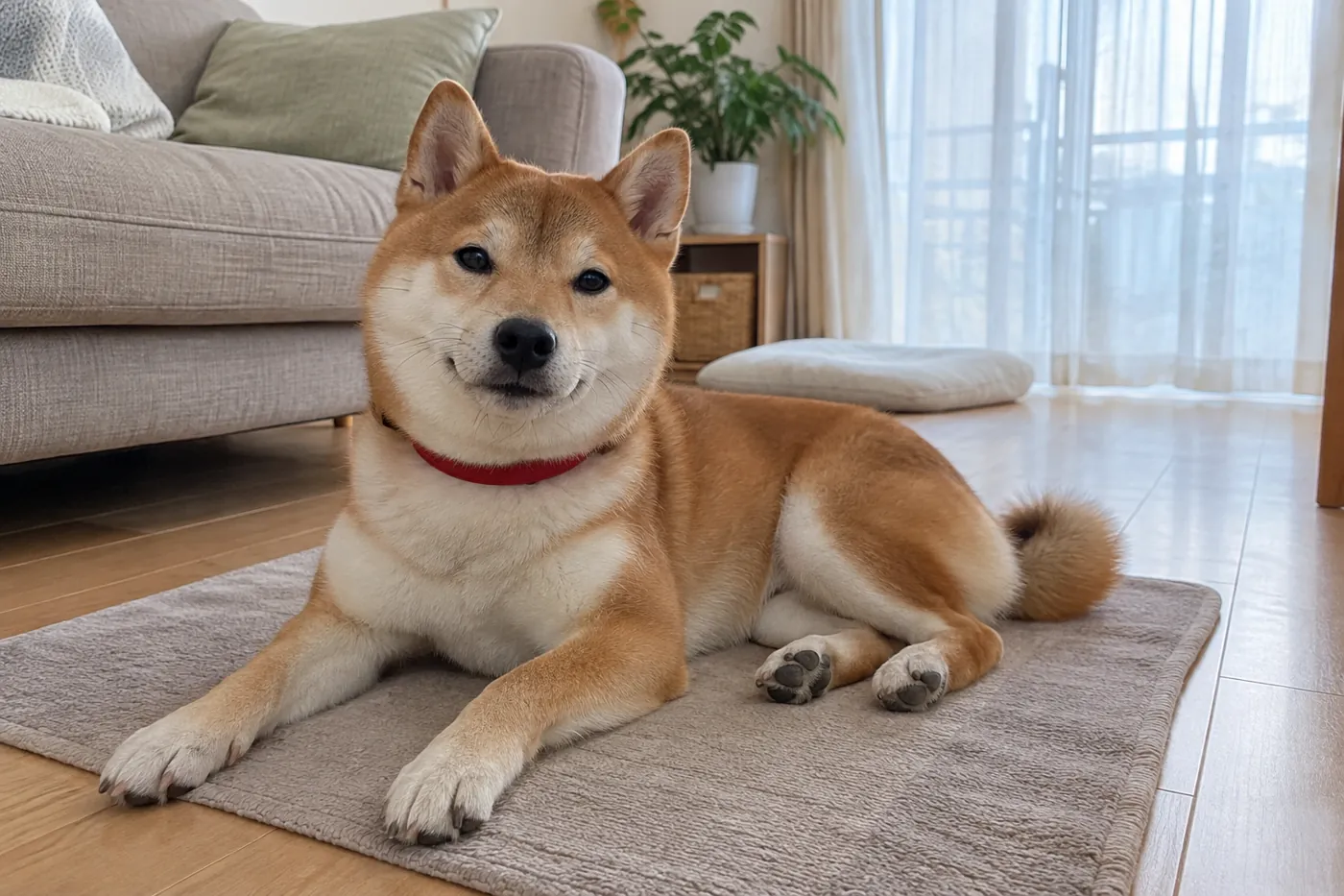 赤い首輪の柴犬が自宅のマットでくつろぐ様子