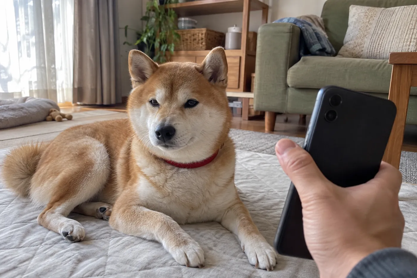 マットで休む柴犬のそばで飼い主がスマートフォンを手にする様子