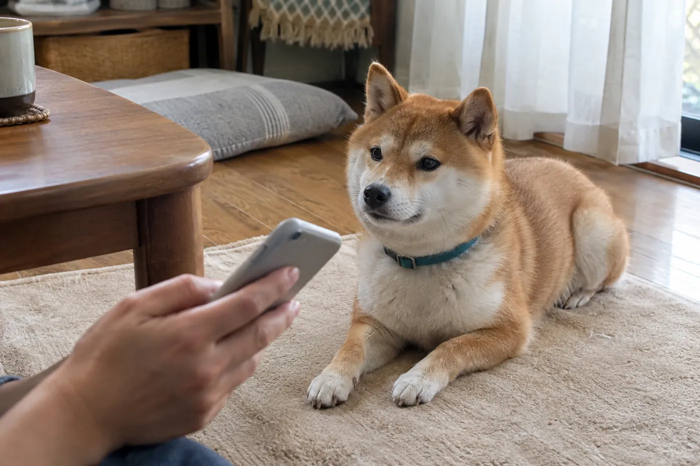 自宅のマットで休む犬のそばでスマートフォンを持つ飼い主の手元