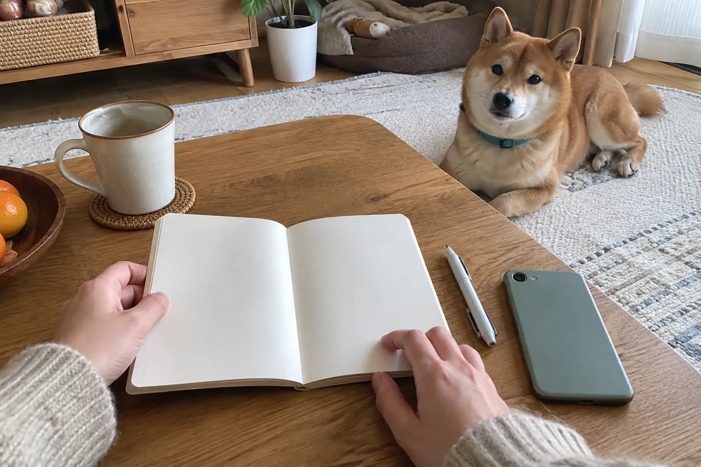 犬の近くでノートとスマートフォンを用意して便の記録を始める手元