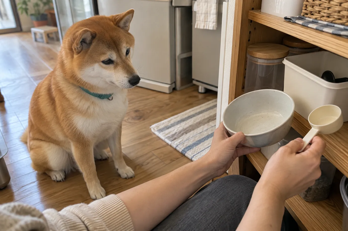 犬のそばに置いた食器と計量用の器を飼い主が確認している様子