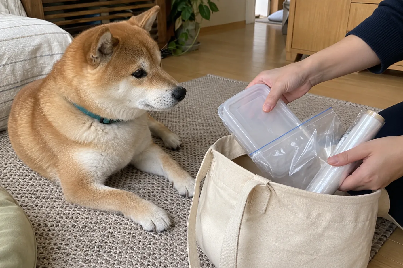 犬が休むそばで清潔なふた付き容器と袋を受診用に準備する手元