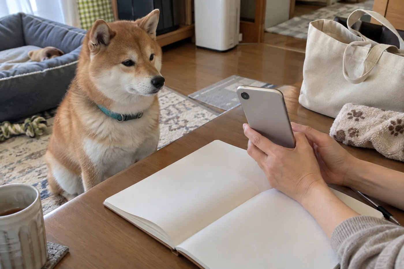 犬のそばで飼い主がノートを開きスマートフォンで相談する準備をする手元