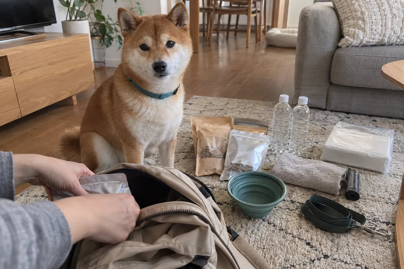 防災バッグとフードやトイレ用品のそばで待つ犬