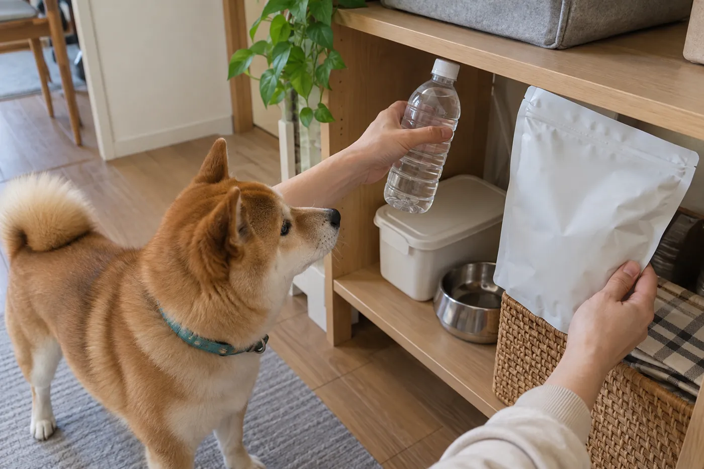 いつものフードと飲み水を棚から取り出して確認する飼い主の手元と犬