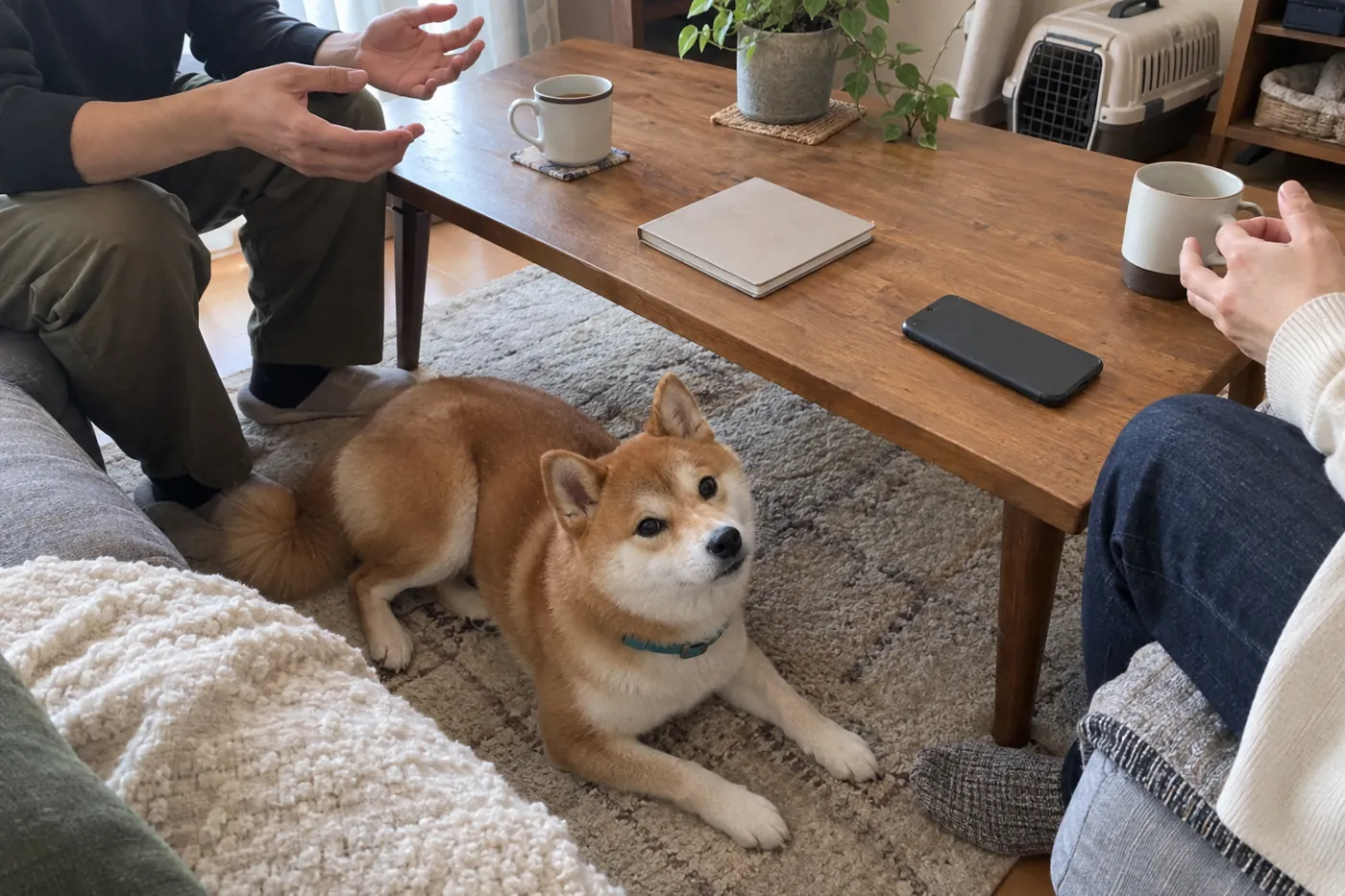 自宅のテーブルで避難の相談をする家族の手元と足元の犬