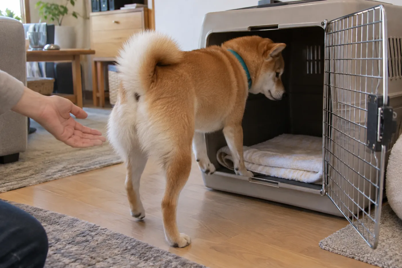 開いたクレートに自分から入る犬を飼い主が見守る様子