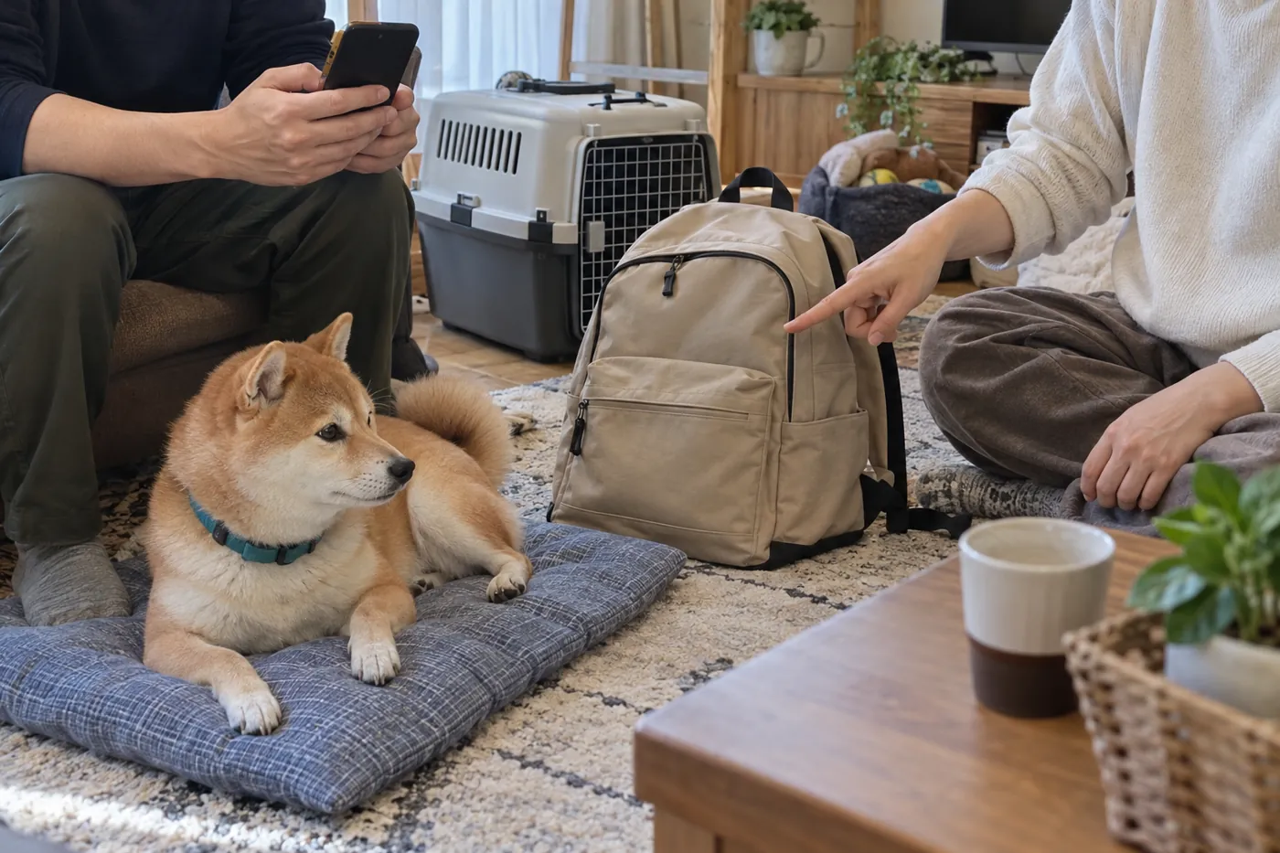 持ち出し袋と携帯電話を前に家族が役割を相談し、犬がそばで休む様子