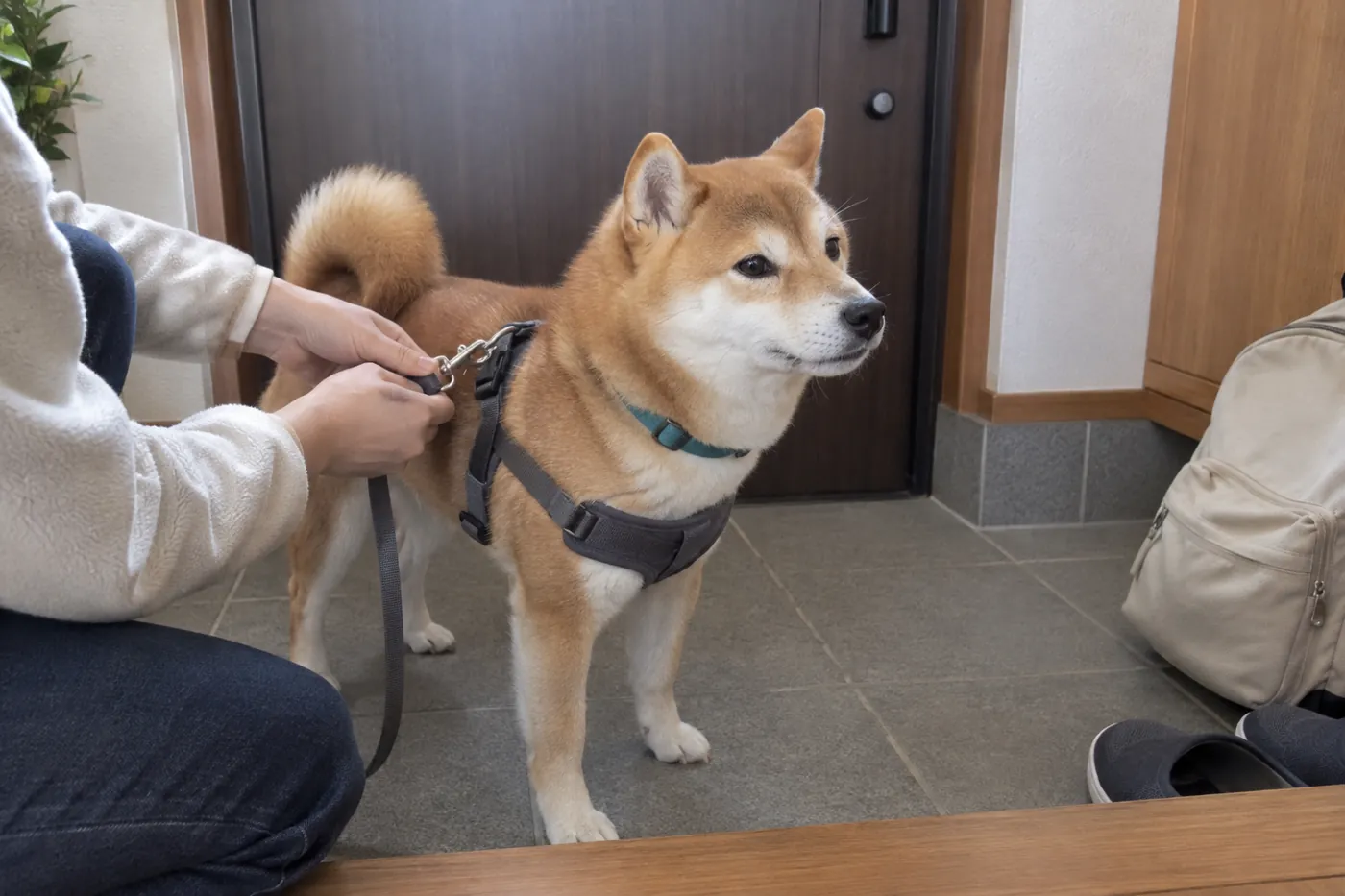 自宅の出入口で犬の胴輪とリードを点検する飼い主の手元