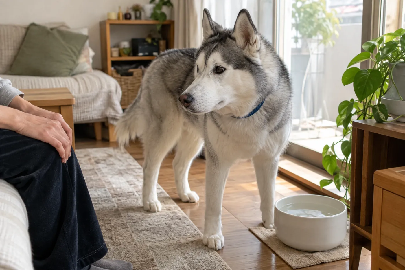水の器のそばにいる犬の様子を自宅で見守る