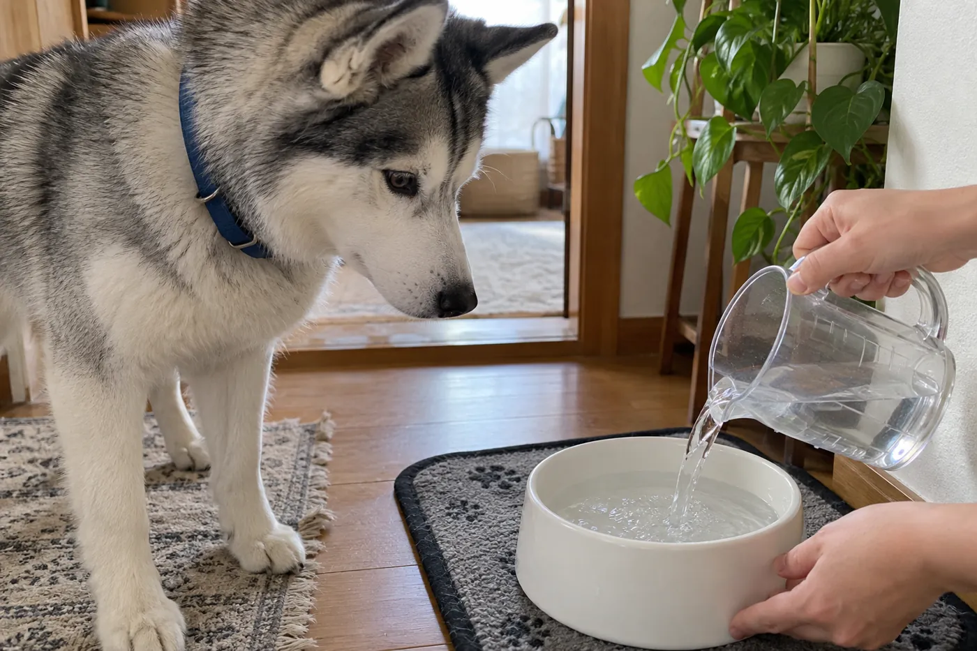 計量用の容器から犬の水の器へ水を入れる飼い主の手元