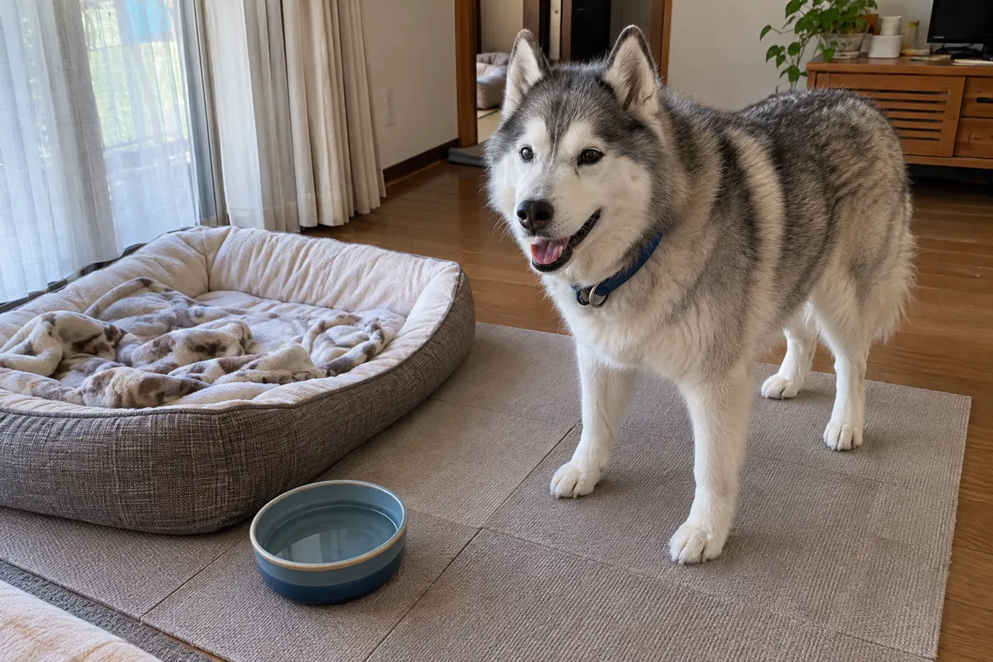 寝床から近づきやすい場所に水の器を置いた犬の生活空間