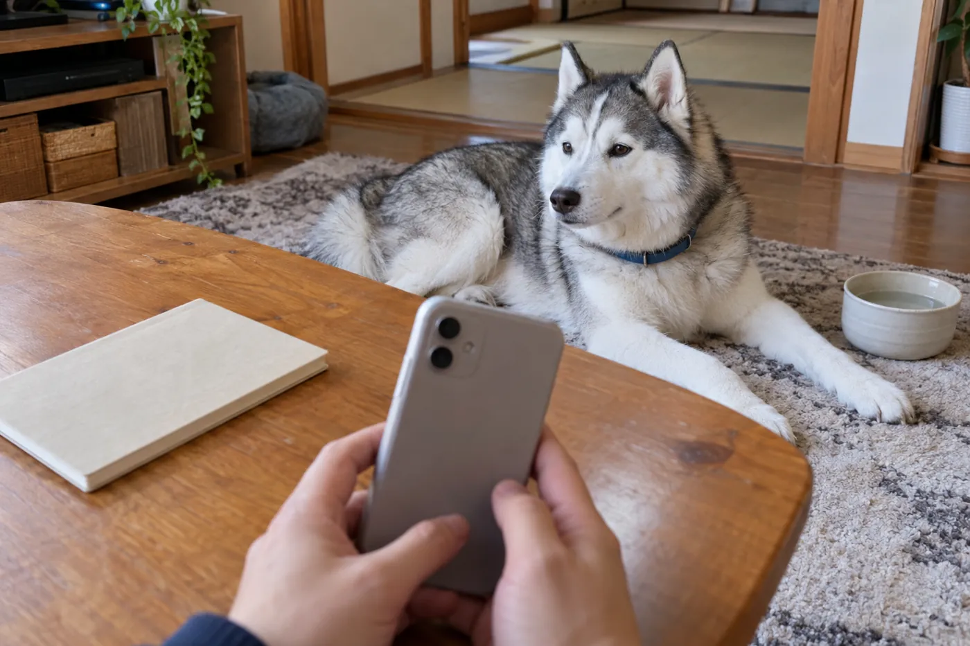 犬のそばでスマートフォンを手に持ち相談の準備をする飼い主