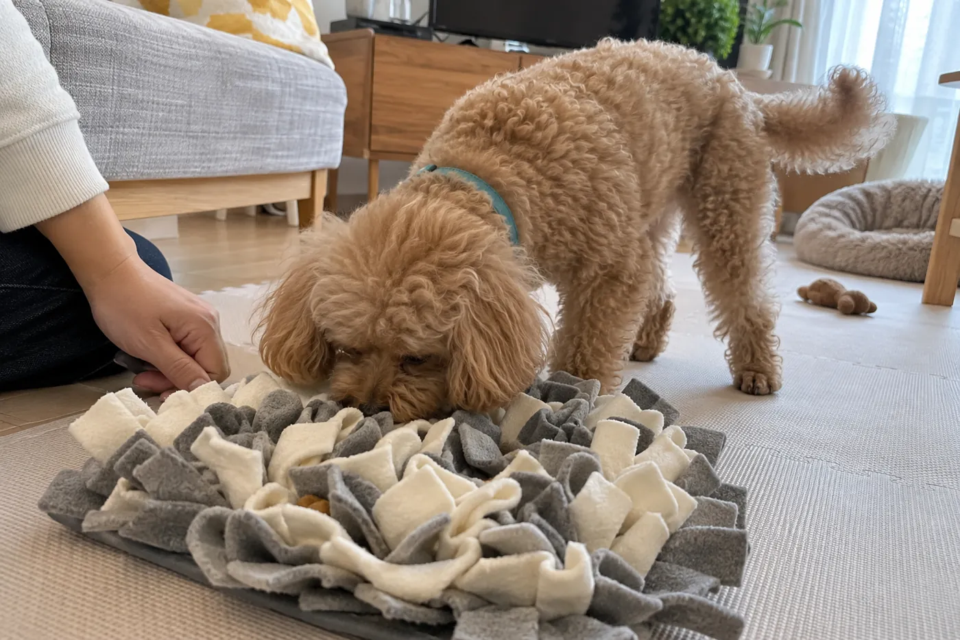 室内のマットで飼い主とにおい探しをする茶色いトイプードル