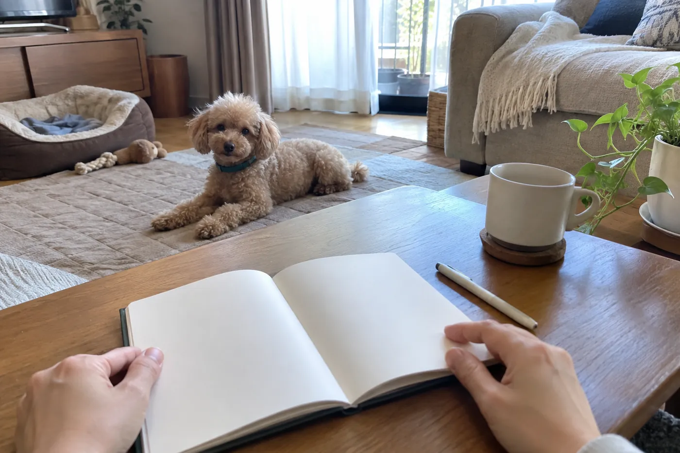 休む茶色いトイプードルのそばで飼い主がノートを開く手元