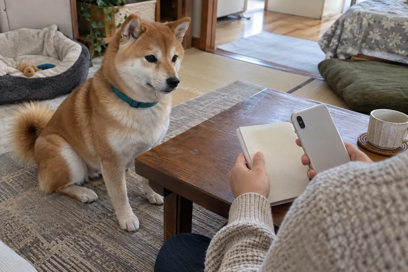 犬のそばで薬の相談に使うメモを準備する飼い主の手元
