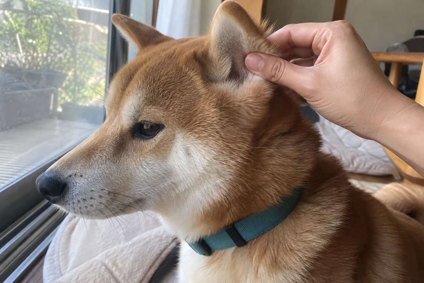 帰宅後に犬の耳の付け根の毛をやさしく分けて観察する手元