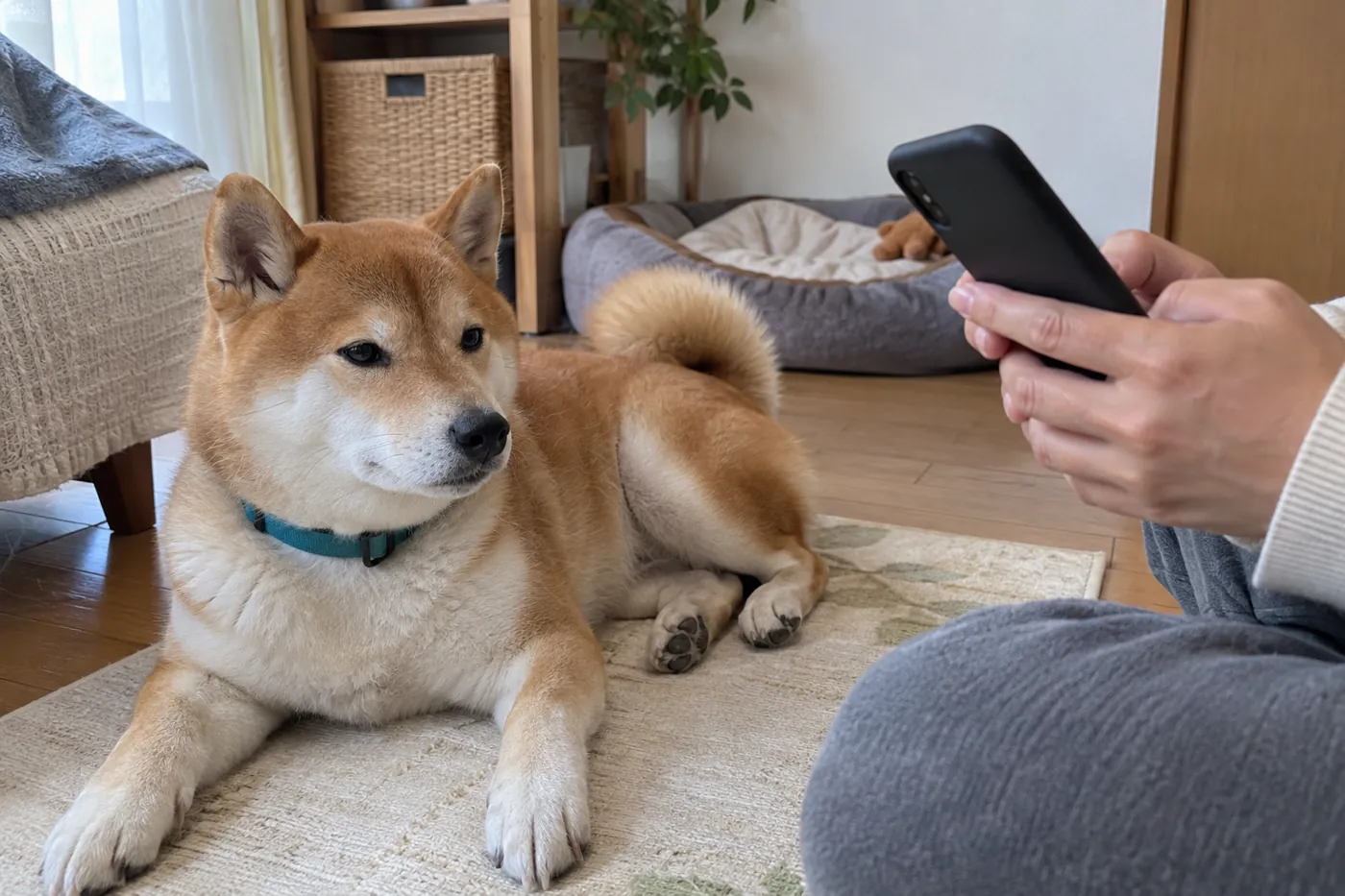 犬のそばで動物病院への相談のためスマートフォンを手にする飼い主