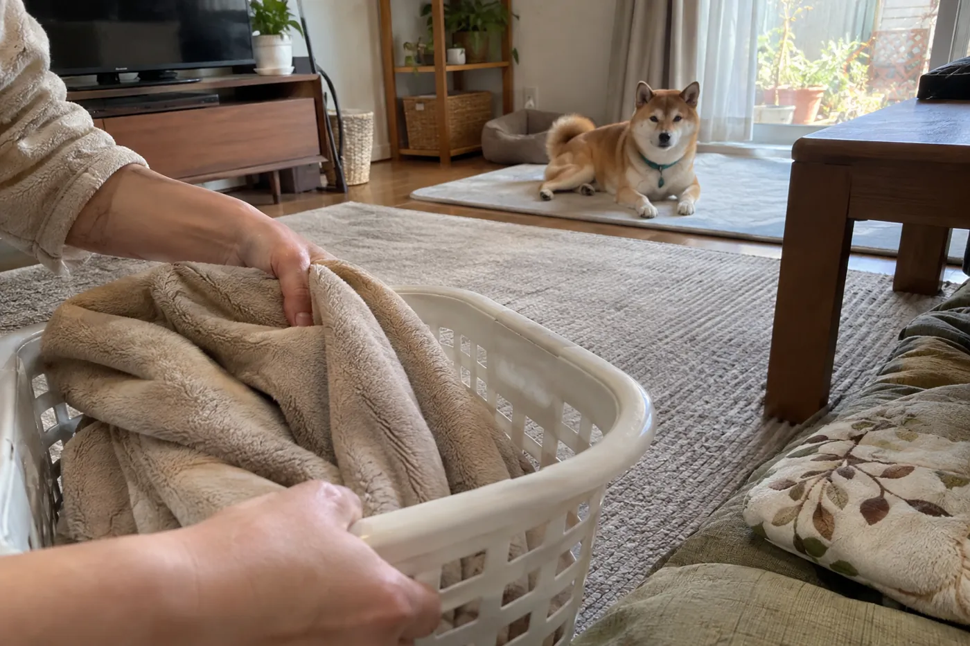 犬が離れた場所で休む間に寝具を洗濯かごへ入れる飼い主の手元