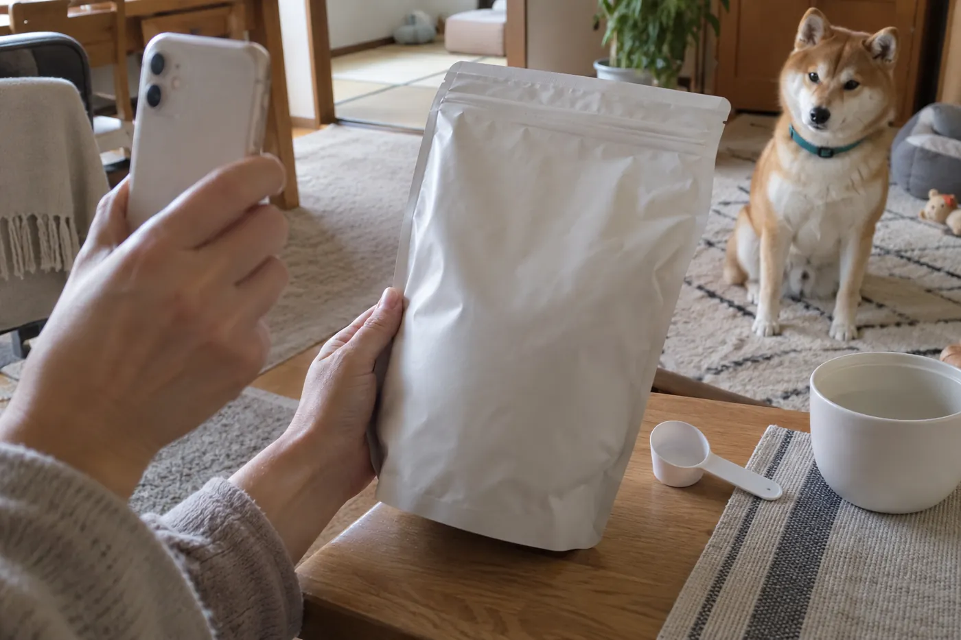 無地のフード袋とスマートフォンを手元で扱う飼い主と柴犬
