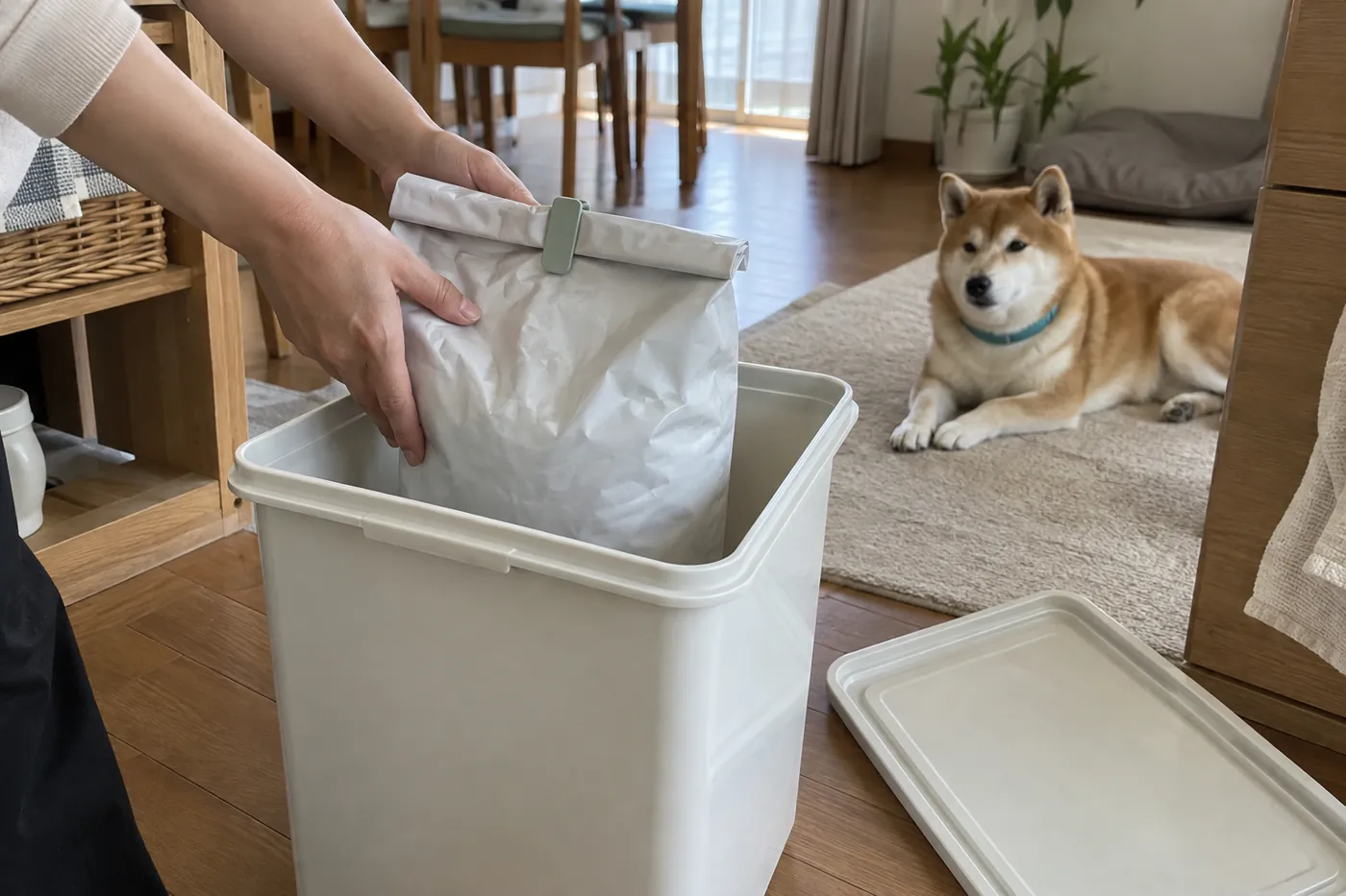 口を閉じた無地のフード袋をふた付き容器へ入れる飼い主の手元