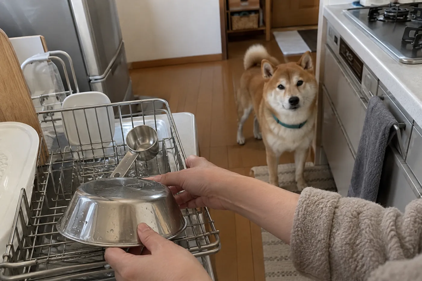 洗った計量スプーンと食器を乾かす台所で待つ柴犬