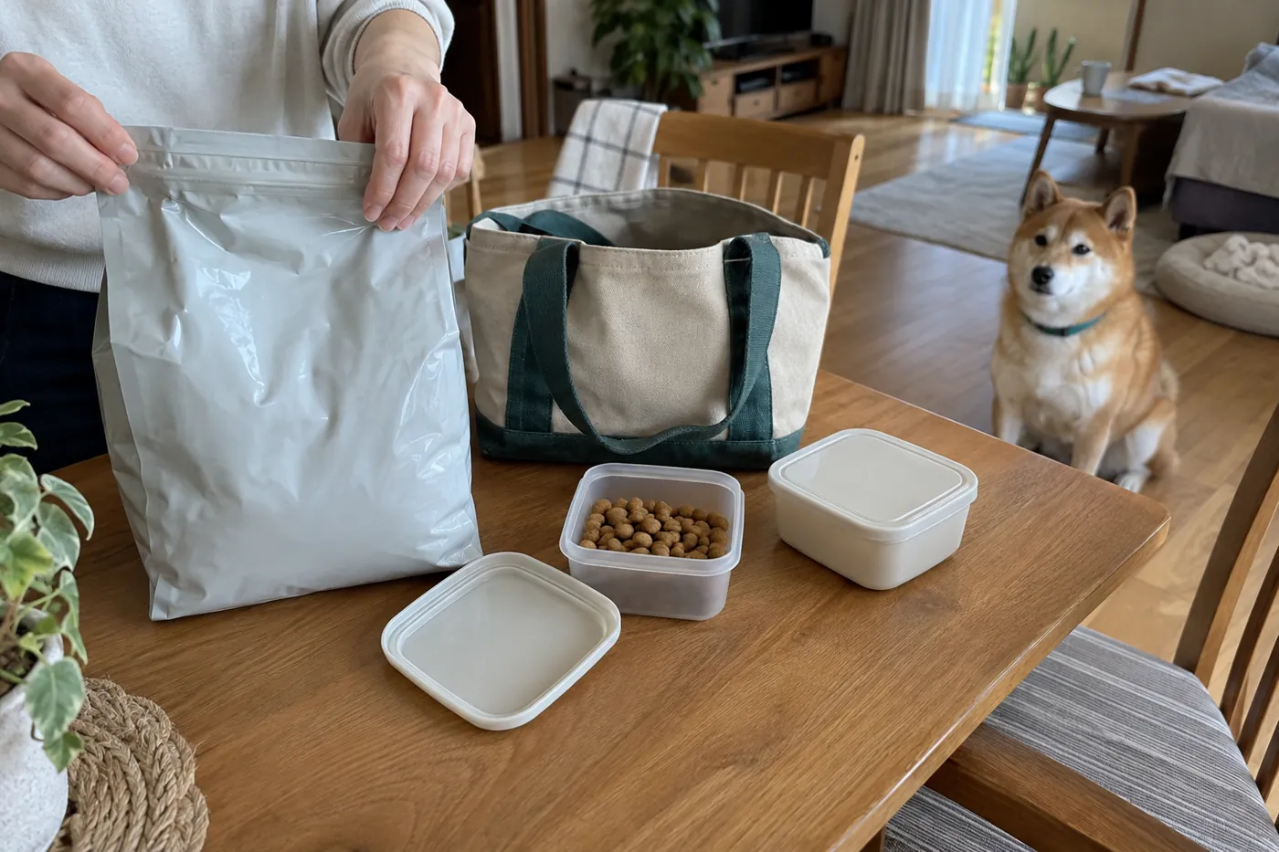 無地のフード袋と少量用の不透明な容器を並べて準備する飼い主の手元