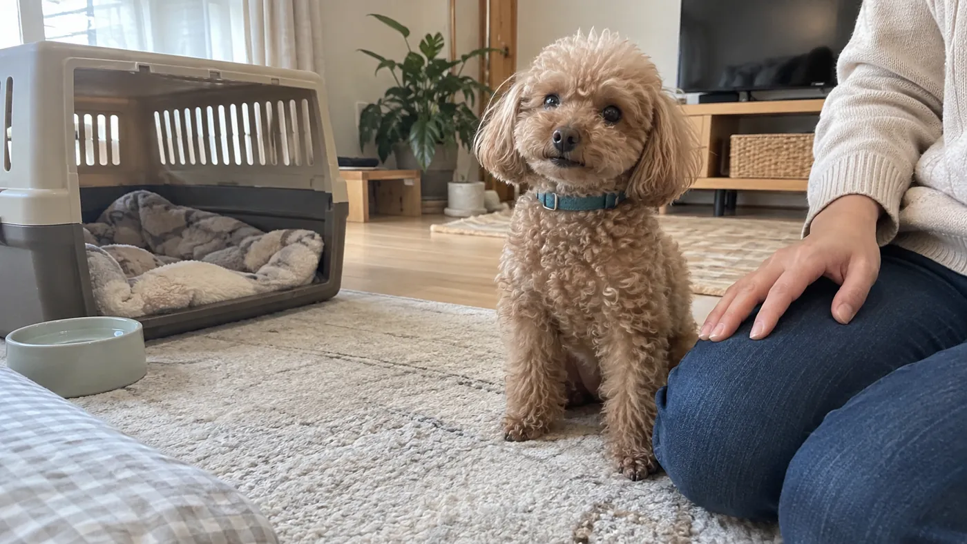 開いたクレートのそばで飼い主と過ごす茶色のトイプードル