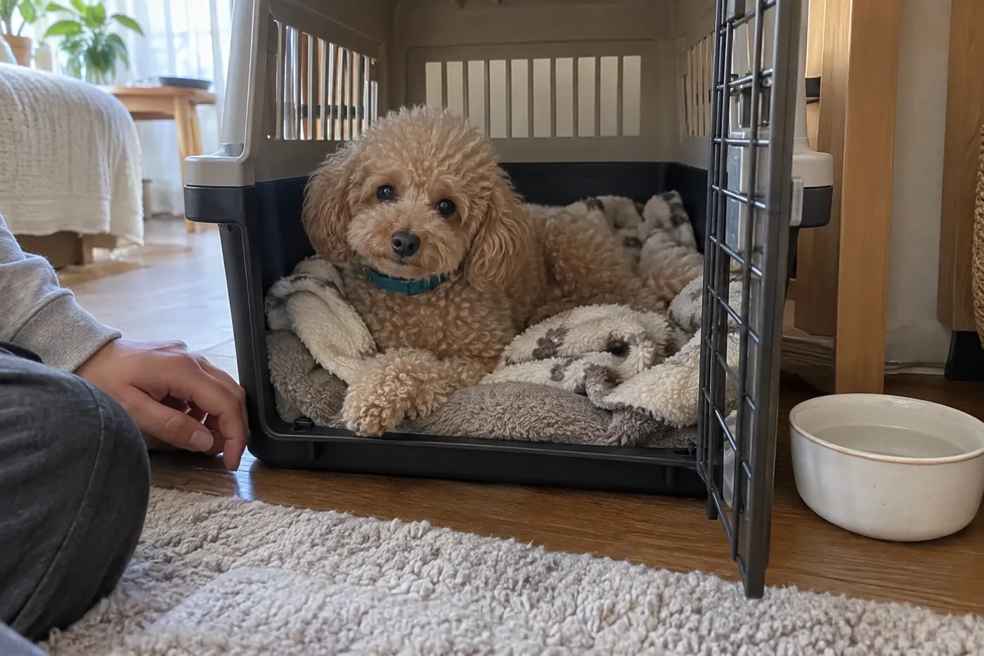 自宅の開いたクレートで休む犬とそばにいる飼い主の手