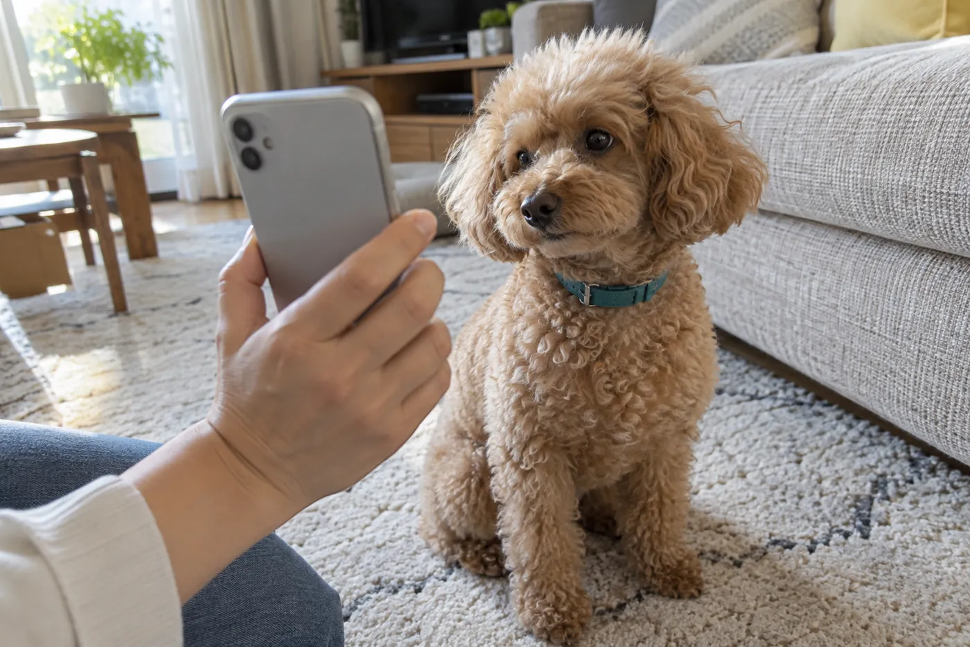 犬のそばで動物病院への連絡に備えてスマートフォンを持つ飼い主の手元