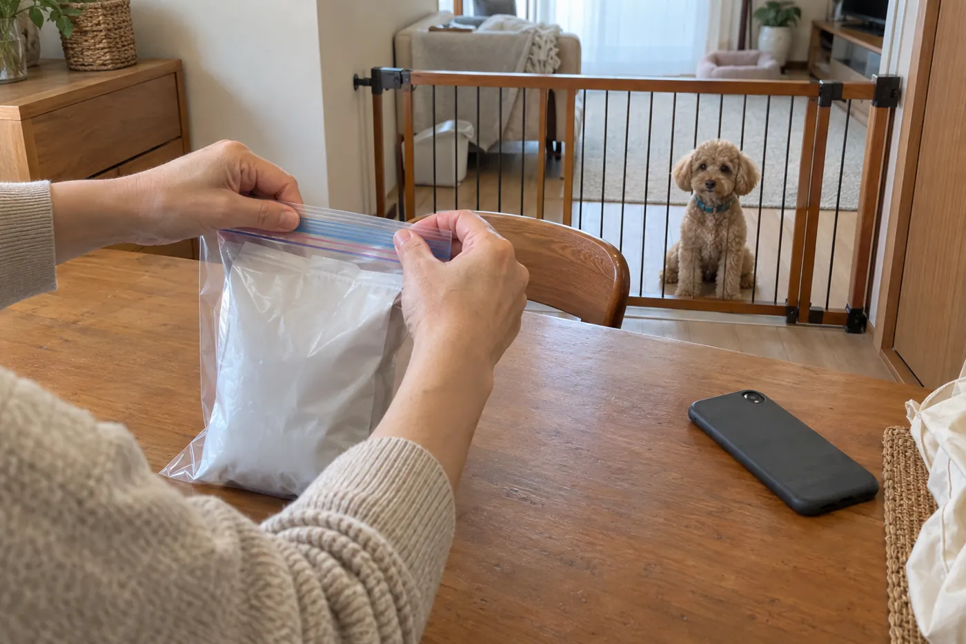 食品の包装を確保しながら電話で状況を伝える準備をする手元と犬