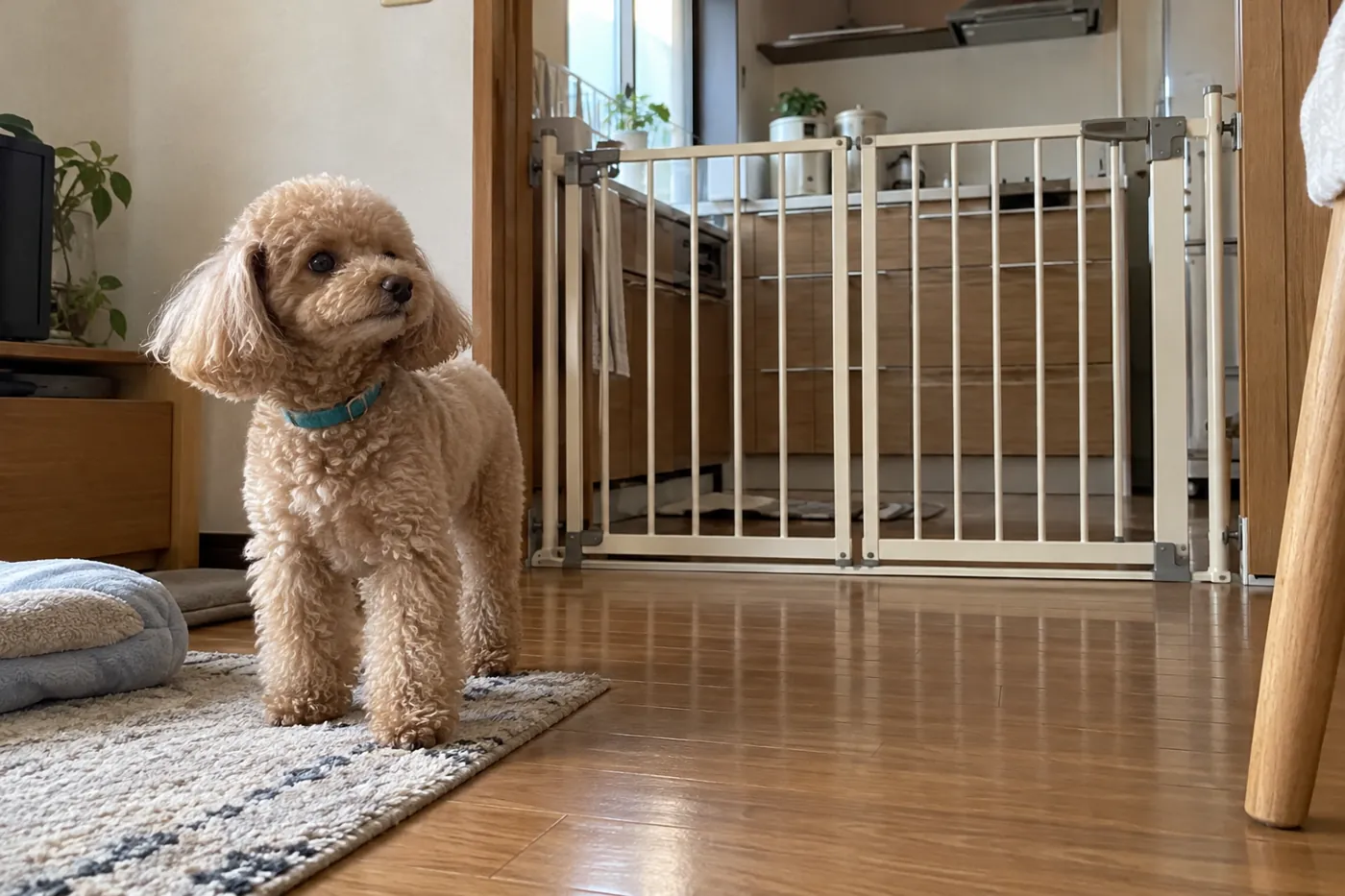 台所のゲートの外で過ごす犬と、手の届かない場所に保管された食品