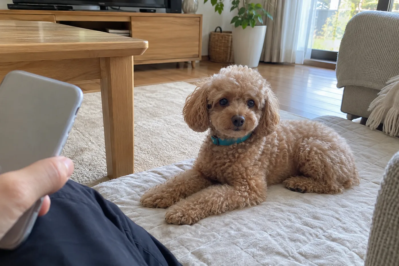 室内で休む犬の様子を、少し離れた場所から確認する飼い主の手元