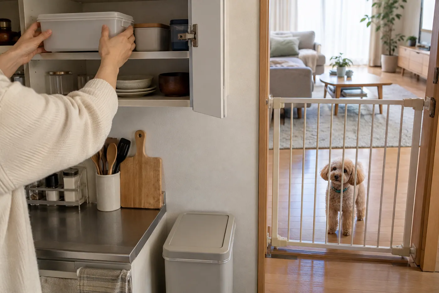 食品を戸棚に片付ける飼い主の手元と、台所の外で過ごす犬