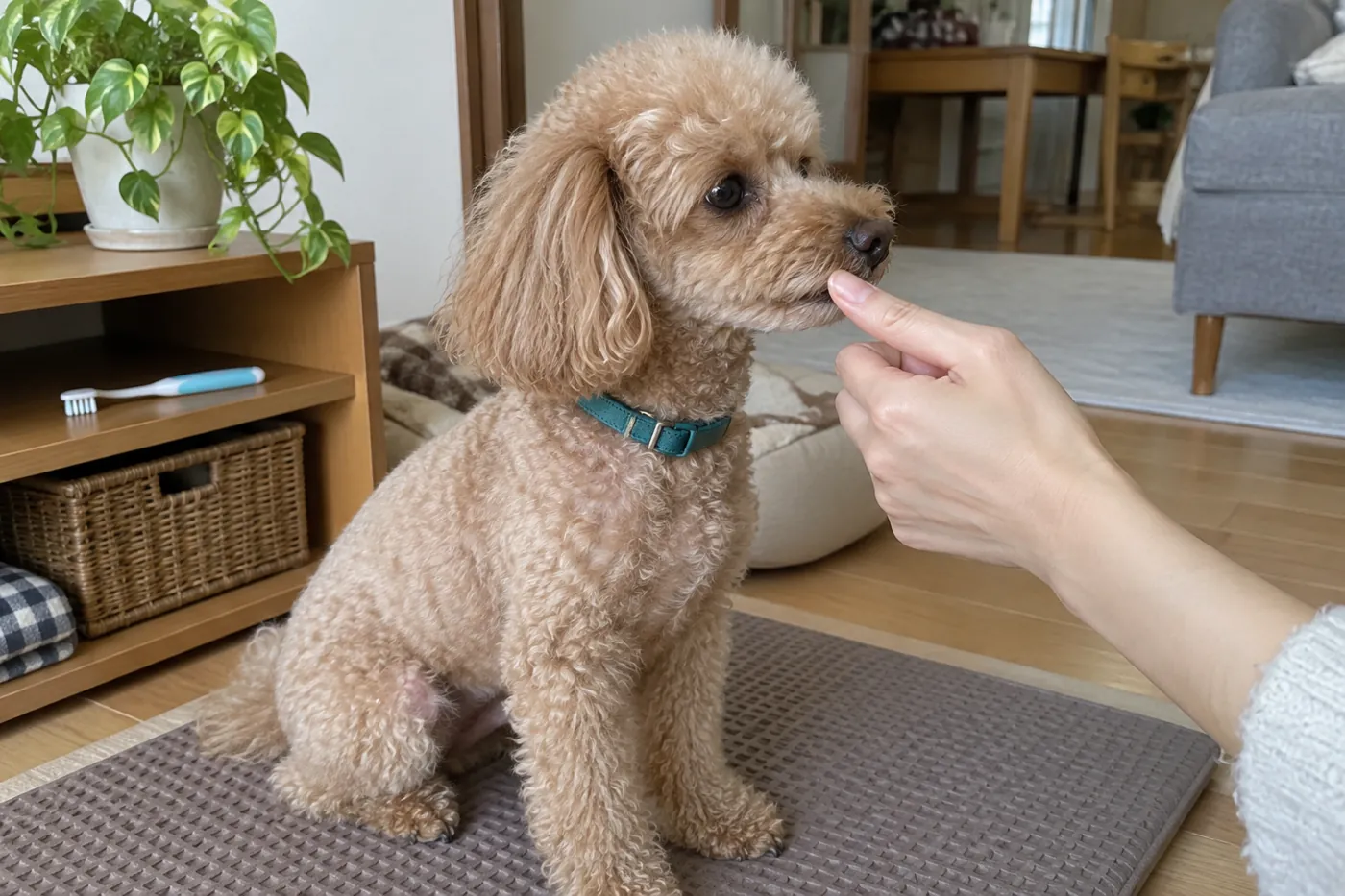 犬が落ち着いた姿勢で口元に触れられる練習をする様子