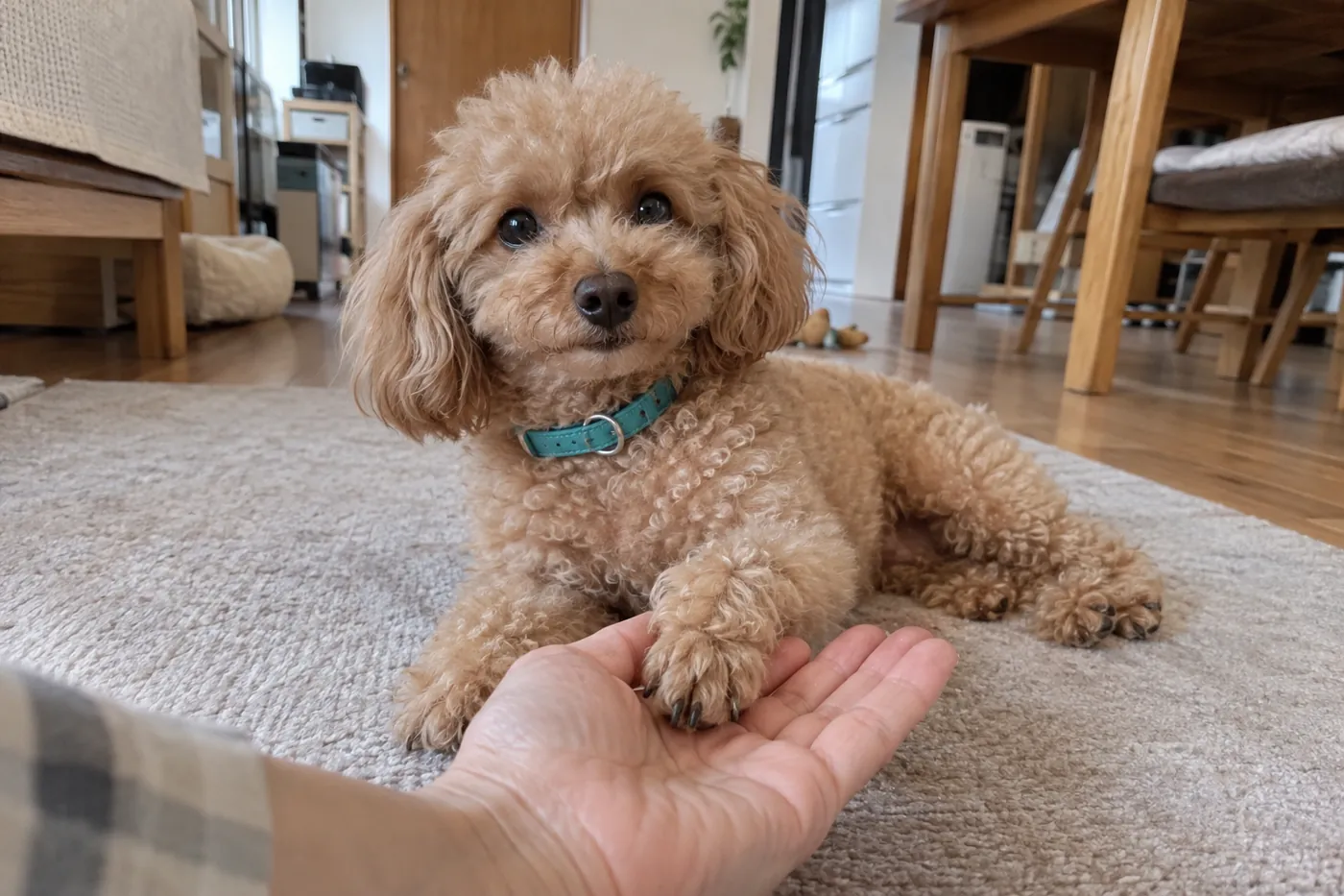 犬の前足を無理なく支えて爪の状態を観察する飼い主の手元