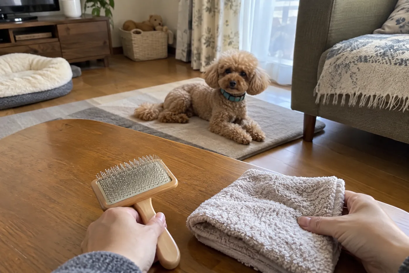 犬がくつろぐ横でブラシとタオルを用意する飼い主の手元