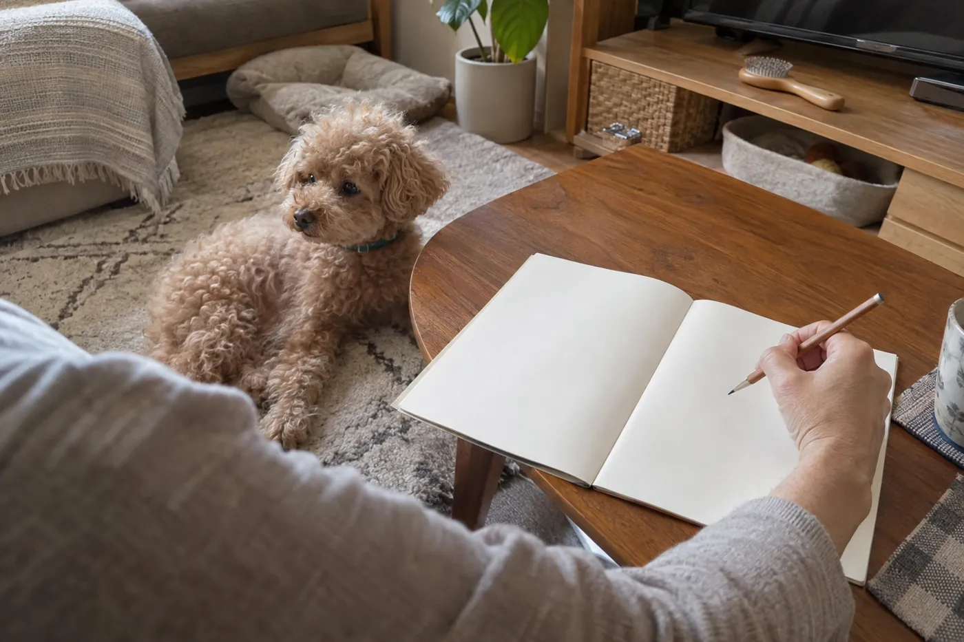 くつろぐ犬のそばで無地のノートを開きケアの予定を考える手元