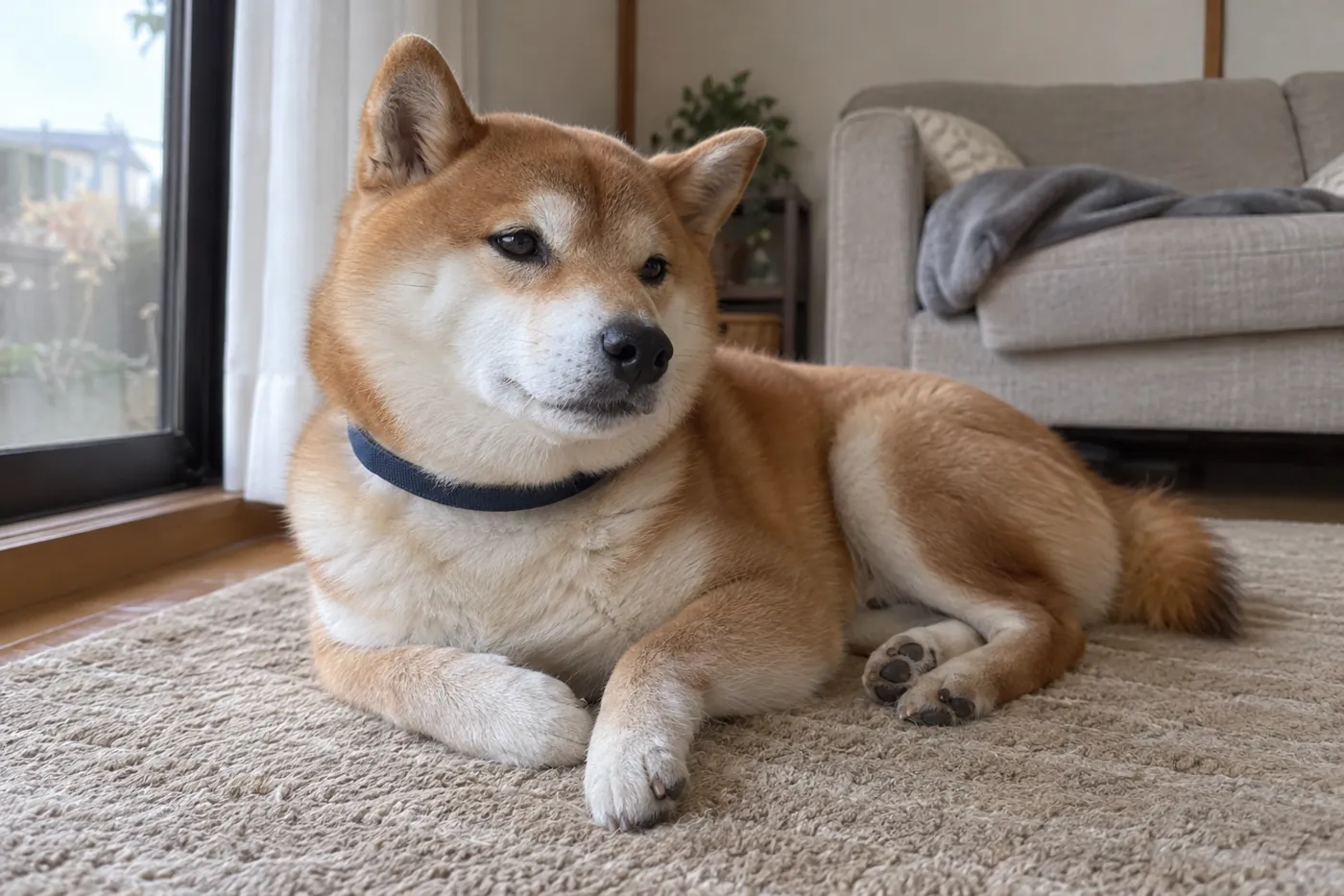 窓辺でくつろぐ紺色の首輪を着けた柴犬